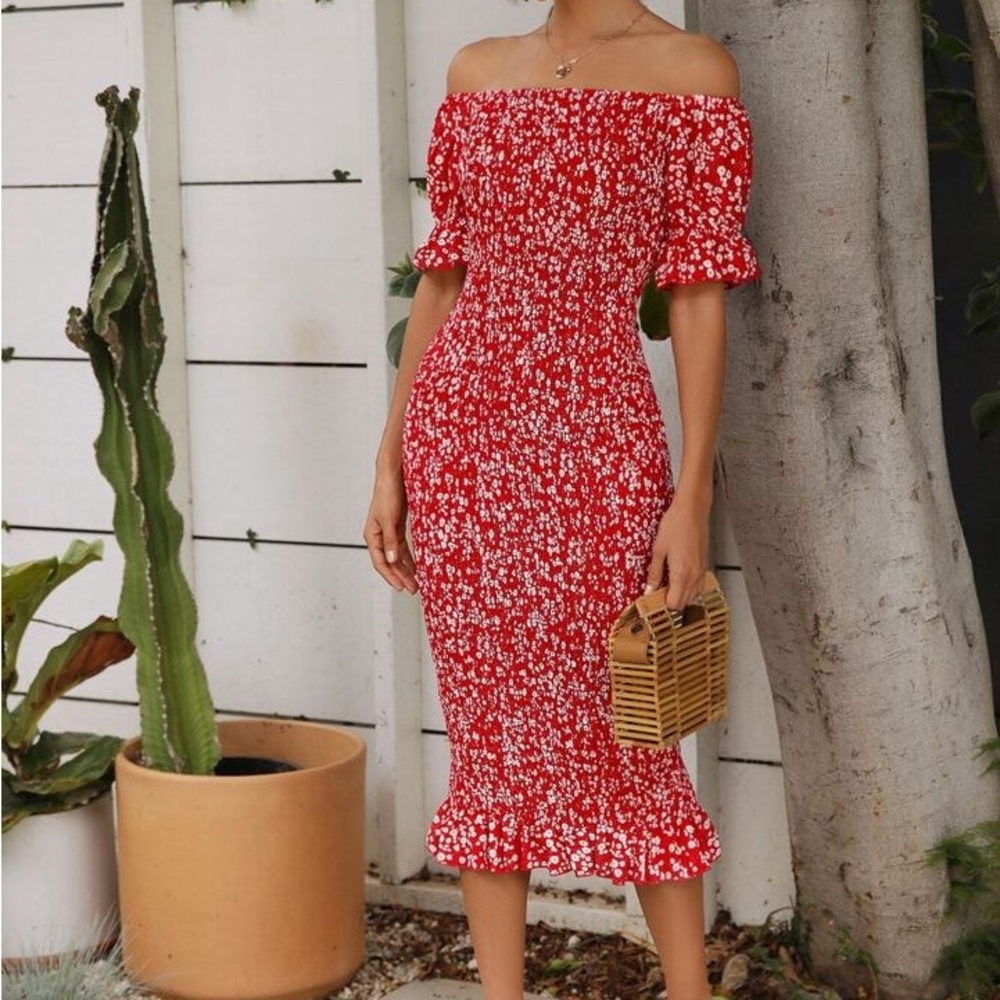 Red Floral Off-Shoulder Dress